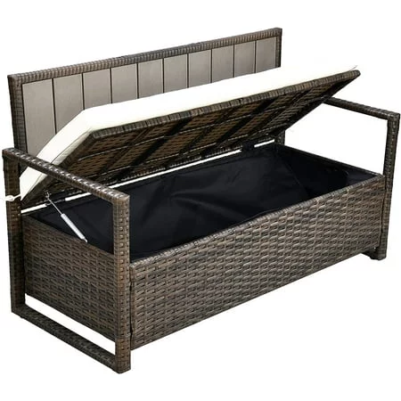 Dextrus 70 Gallon Outdoor Storage Bench Loveseat, Wicker Storage Seat for Patio Furniture, Outdoor Cushions, Pool Storage - Brown