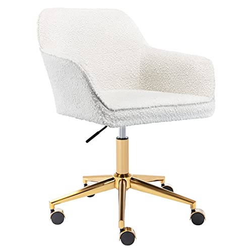 Zesthouse Modern Desk Chair with Wheels, White Swivel Vanity Chair for Girls Women, Upholstered Home Office Chair Boucle Armchair for Bedroom