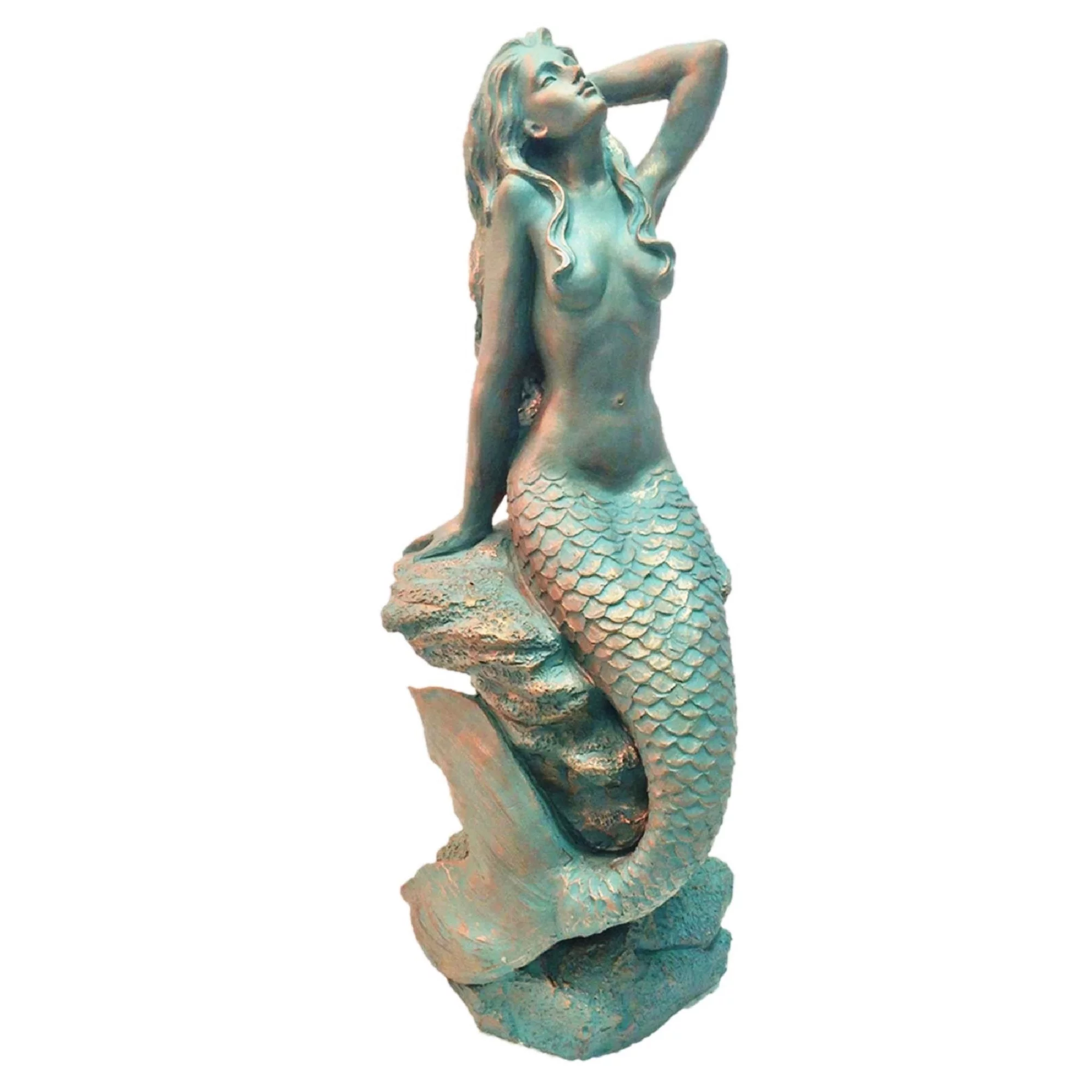 Homestyles 28 in. Giant Sexy Mermaid Sitting on Coastal Rock In Bronze Patina Beach Nautical Garden Statue