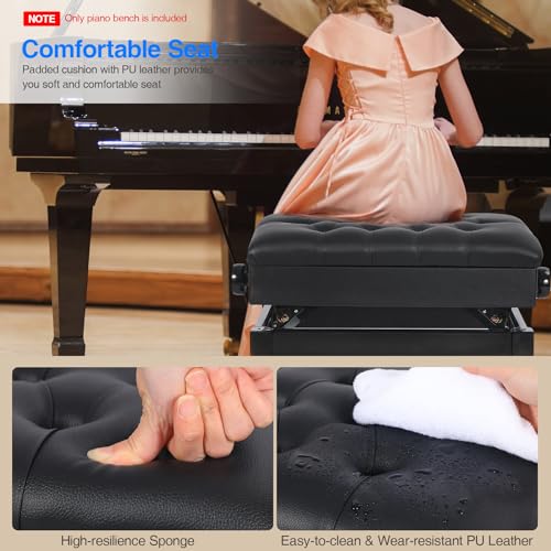 Adjustable Height Piano Bench with Storage, Heavy Duty Wooden Piano Stool Keyboard Bench with PU Leather Cushion, Brown