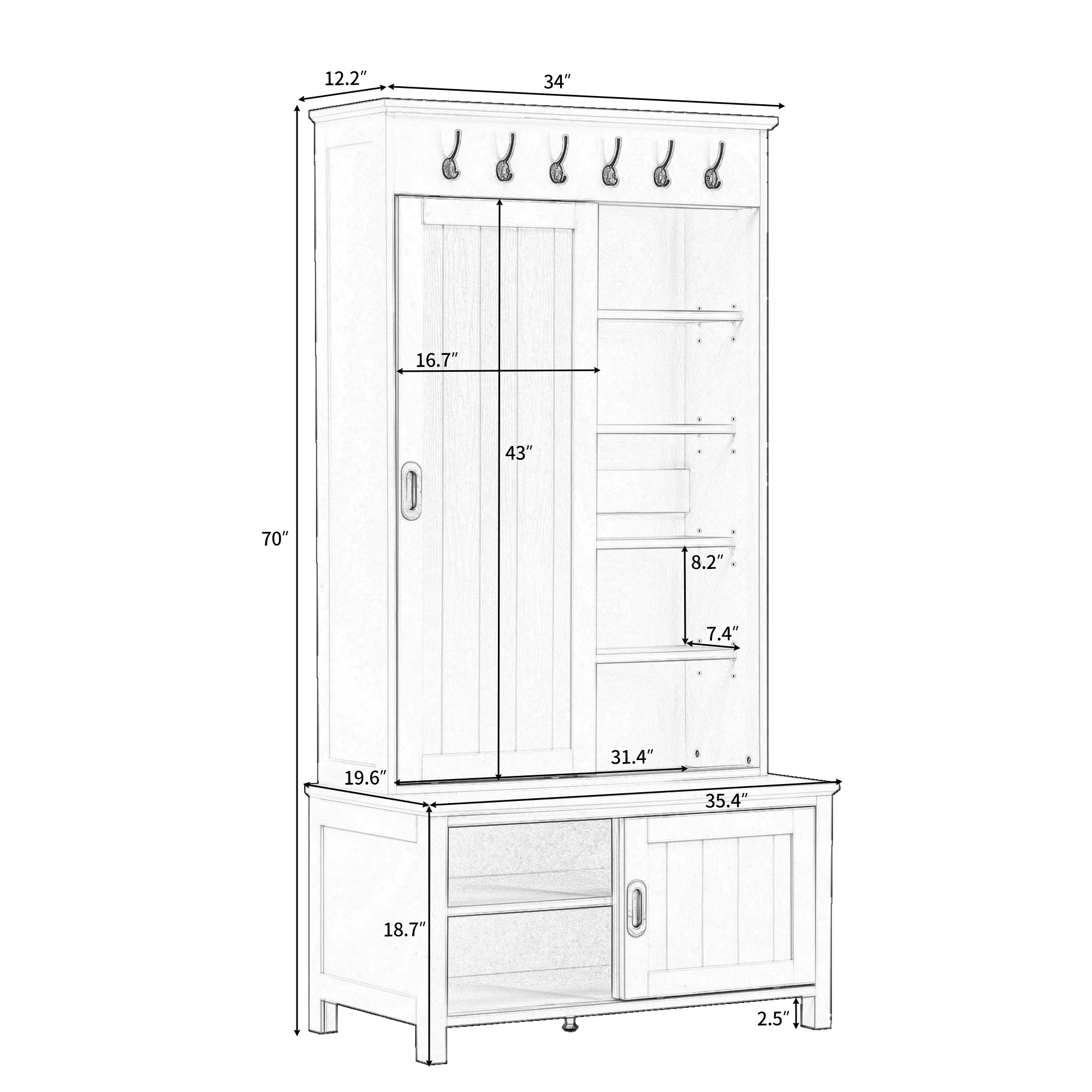 CoSoTower Multifunctional Hall Tree with Sliding Doors, Wooden Hallway Shoe Cabinet with Storage Bench and Shelves