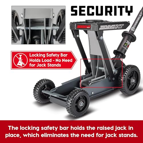 Powerbuilt 2 Ton Triple Lift Floor Jack, Lifts Cars, Trucks, Motorcycles, ATV's, Transmissions, Tie-Down Loops, Locking Safety Bar - 620422E, Silver