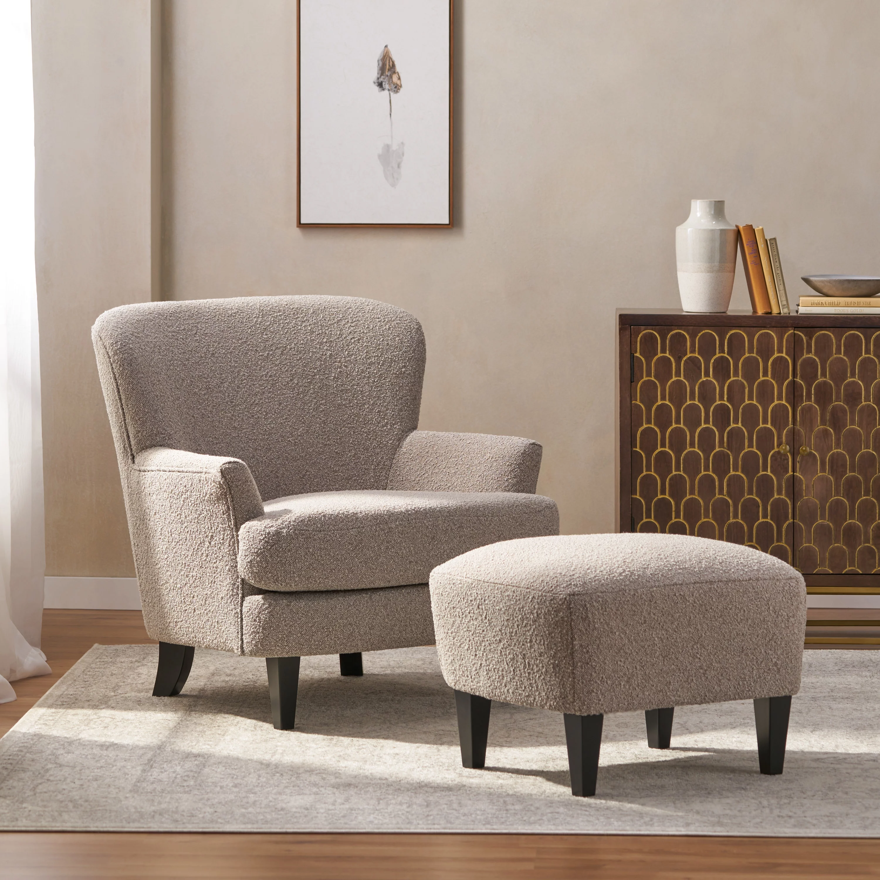 GDF Studio Gerald Contemporary Boucle Upholstered Club Chair and Ottoman Set, Stone and Matte Black
