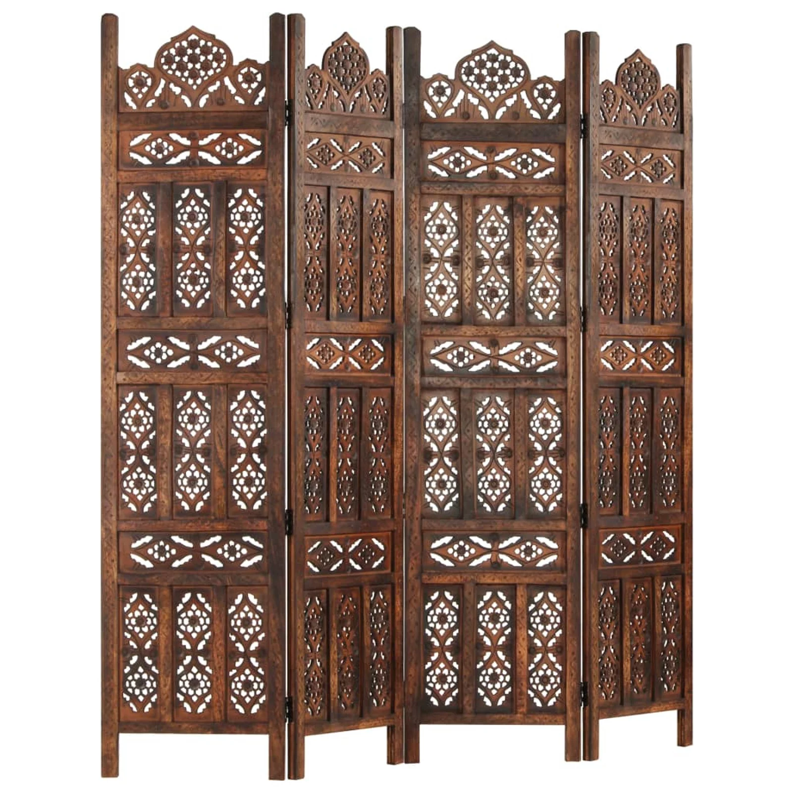 Anself Hand Carved 4-Panel Room Divider Freestanding Room Partition Panel Folding Screen Mango Wood Brown for Bedroom, Bathroom, Living Room