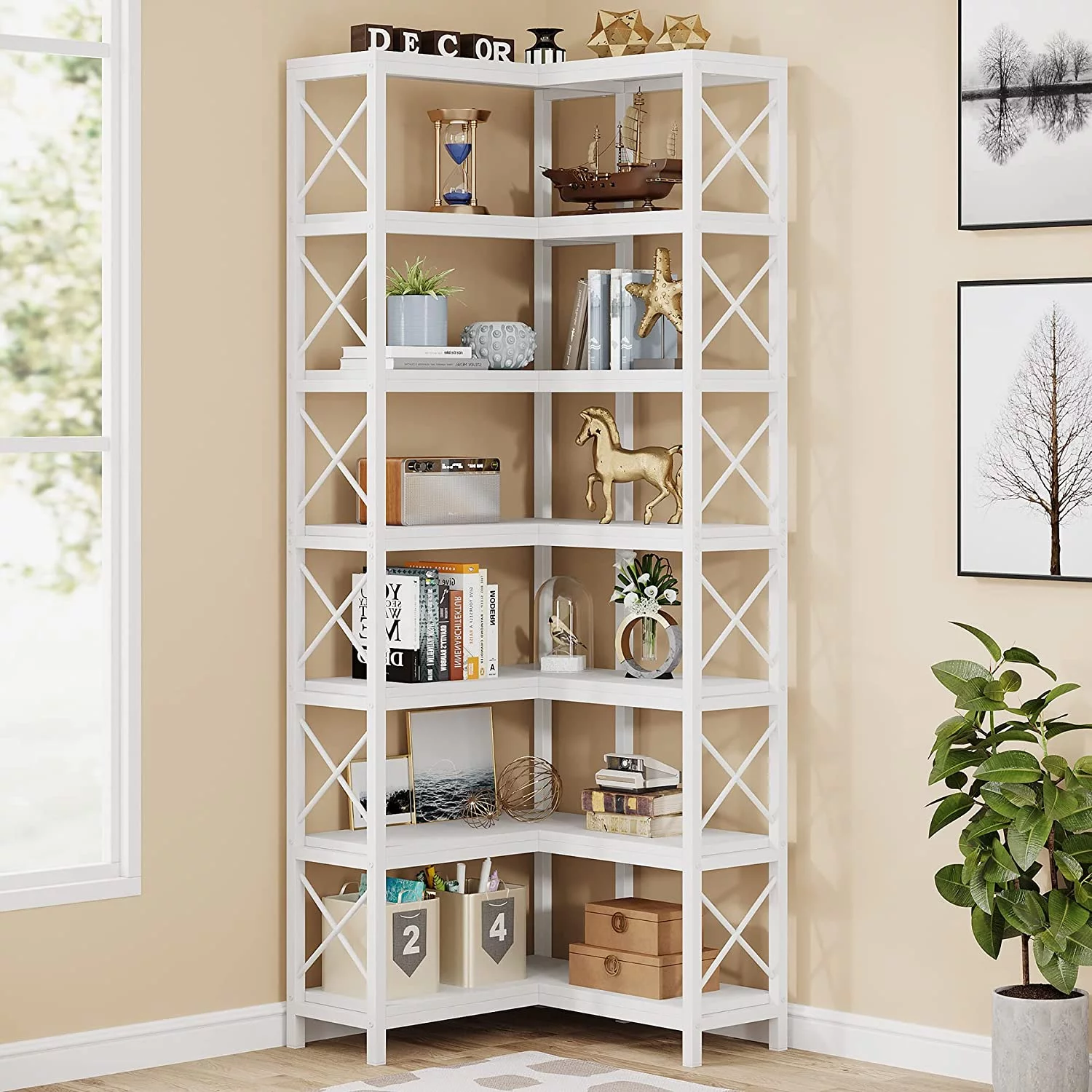 7-Shelf Corner Bookshelf,Large Modern Corner Bookcase