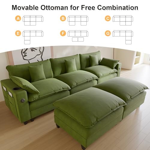 Modular Sectional Sofa, Cloud Couch with Ottoman, Charging Station, Throw Pillows, Cup Holders, Modern Convertible U Shaped Couches for Living Room