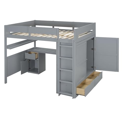 Harper & Bright Designs Twin Size Loft Bed with L-Shaped Desk and Stairs, Solid Wood Loft Bed Frame with Storage Drawers and Bookcase