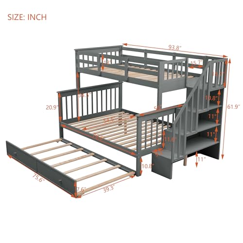 Ball & Cast Full Over Full Bunk Bed with Twin Size Trundle and Built in 4 Drawer,Wood Bunkbed w/Storage Ladder & Slat Support