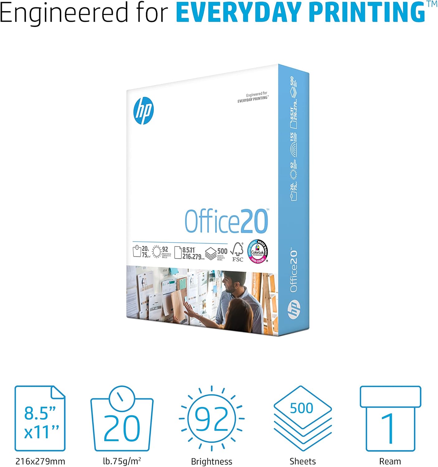 HP Printer Paper | 8.5 x 11 Paper | Office 20 lb | 1 Ream - 500 Sheets | 92 Bright | Made in USA - FSC Certified | 172160R