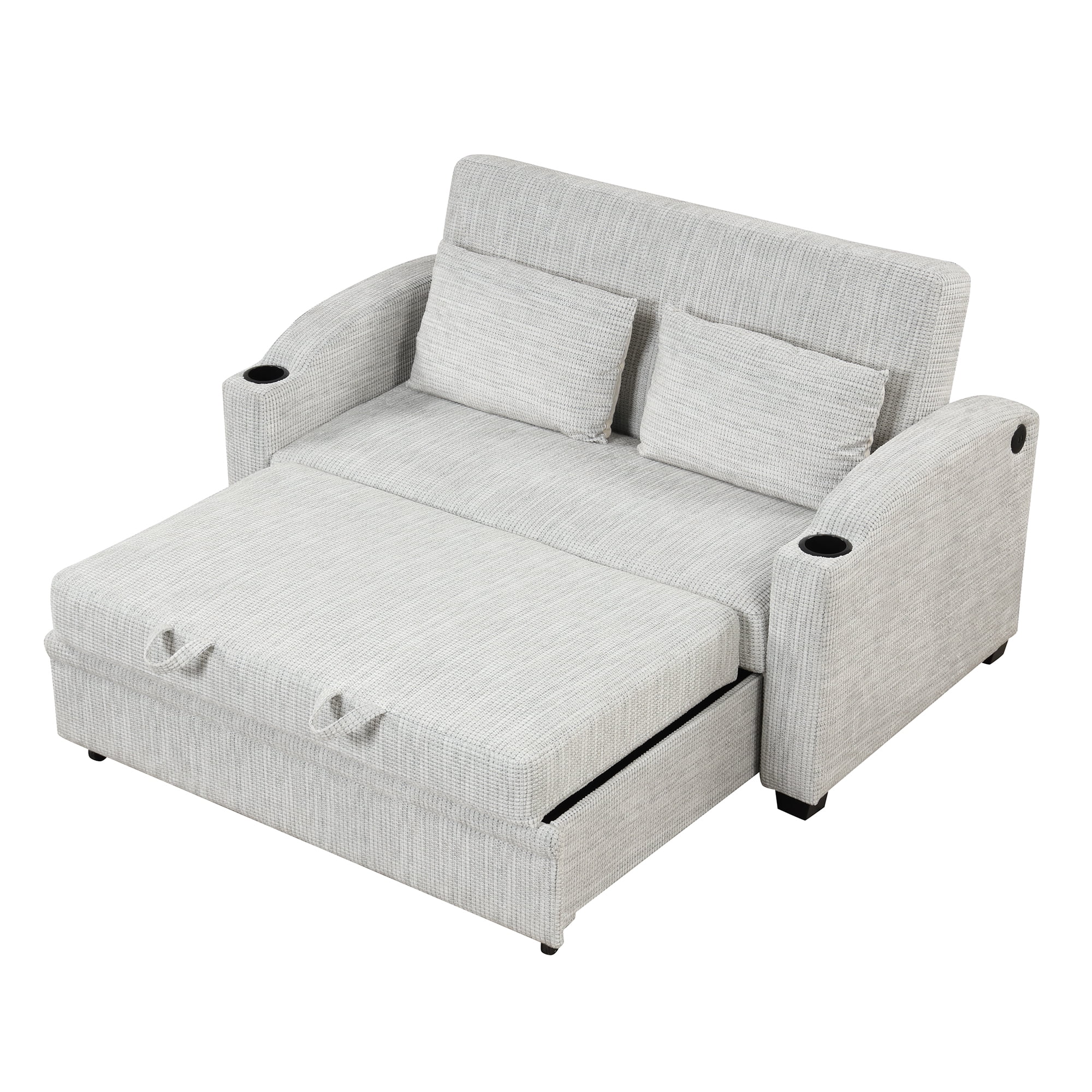 65" Pull Out Sofa Bed Modern Chenille Convertible Loveseat Sofa with Adjsutable Backrest, 2 Pillows, Cup Holders, USB Ports for Living Room