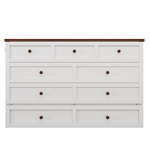 Ball & Cast Queen Size Solid Pine Murphy Bed Chest,Cabinet Hideaway Bed with Charging Station and Large Storage Drawer,Wood Wall Bed can be Folded
