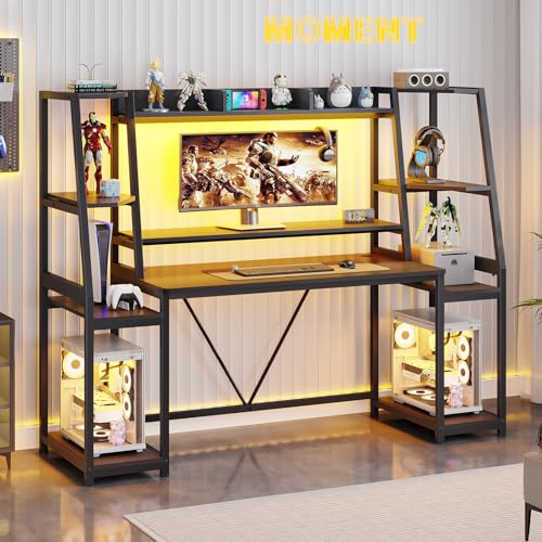 SEDETA Gaming Desk 78.8'' with LED Lights, Hutch and Storage Shelves, Computer Desk with Monitor Stand, Large PC Gamer Desk Workstation