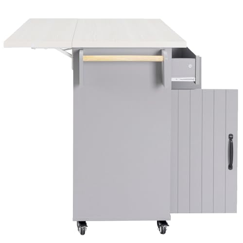 Ball & Cast Farmhouse Kitchen Island with Drop Leaf & Barn Door,Rolling Kitchen Cart on Wheels with Power Outlet,3 Large Drawers