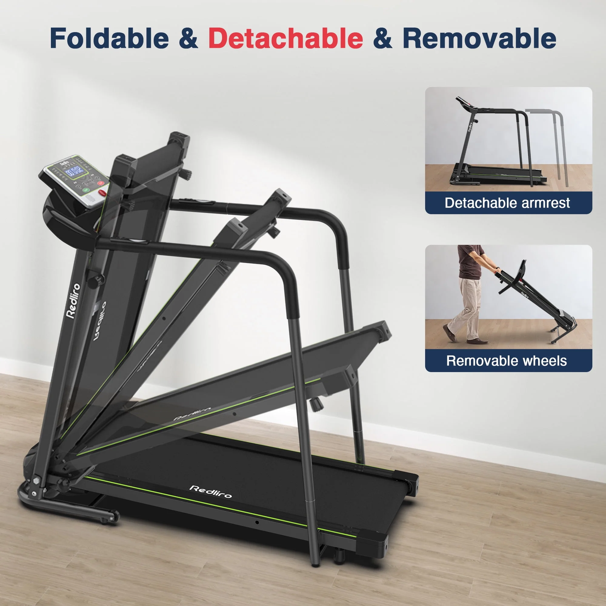 Redliro Folding Treadmill Walking Machine Heart Rate Sensor Handrails for Senior Recovery Home 2.25HP 300lbs