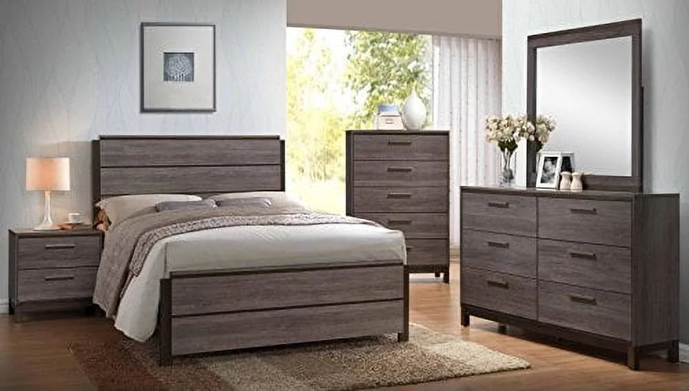 Kings Brand Furniture - 6-Piece Antique Grey Wood Queen Size Bedroom Set. Bed. Dresser. Mirror. Chest & 2 Night Stands