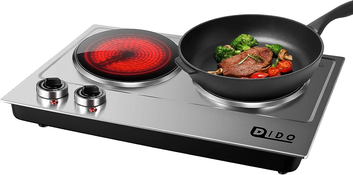 DIDO 1800W Hot Plate, Portable Electric Stove Countertop Cast-Iron Double Burner with Adjustable Temperature& Anti-Slip Feet
