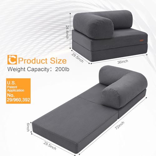 COMAX Folding Sofa Bed, Convertible Chair Bed Corduroy 3-in-1 Foldable Floor Couch with High-Density Foam, Futon Sofa Sleeper Mattress