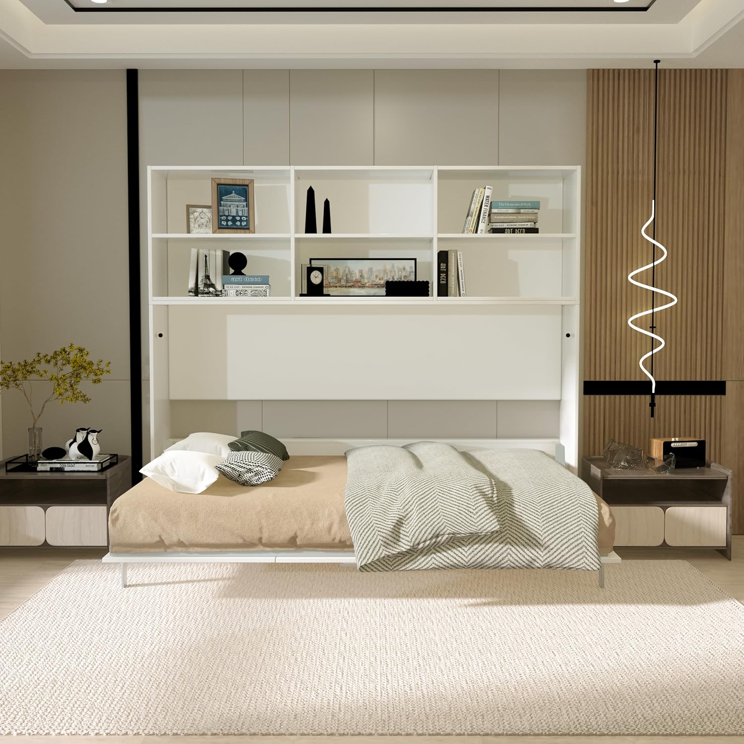 Twin Size Murphy Bed, Modern American Wall Bedframe with Six Storage Shelf, Flexible Slats Support & Space-Saving Design, Gas Struts