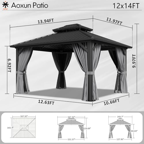 Aoxun 10' X 12' Hardtop Gazebo, Aluminum Metal Outdoor Gazebo with Galvanized Steel Double Roof