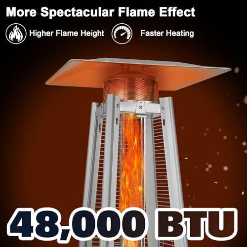 Hykolity Pyramid Patio Heater, 48000 BTU Glass Tube Propane Patio Heater with Wheels and Cover, Outdoor Propane Heaters for Patio, Backyard, Garden
