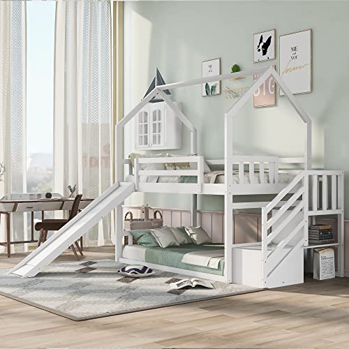 Merax Twin Over Twin House Bunk Bed Frames with Slide and Storage Staircase, No Box Spring Needed, White