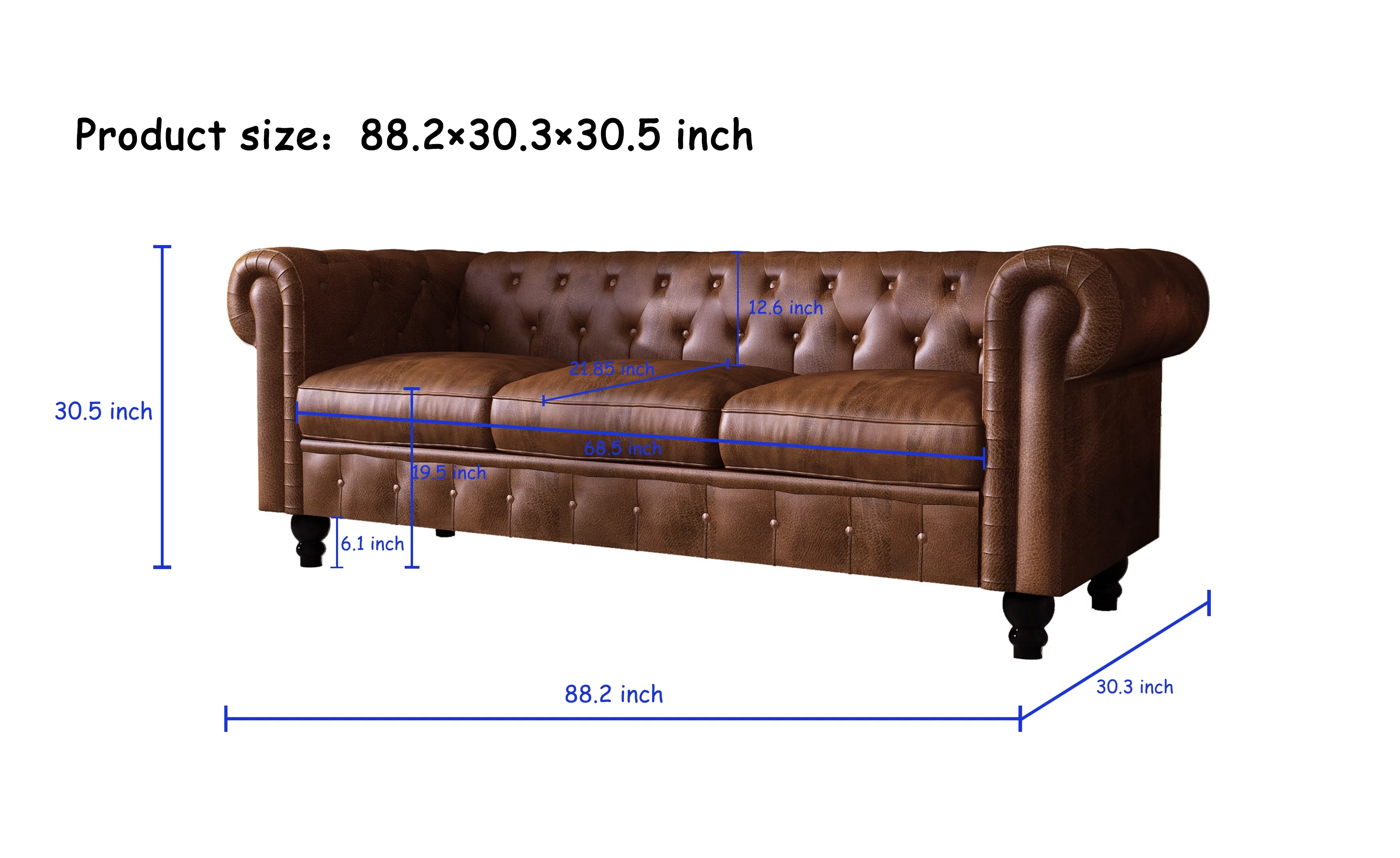 Chesterfield Button Tufted Faux Leather Sofa, 3-Seater Upholstered Couch with Removable Cushions for Living Room Bedroom Office