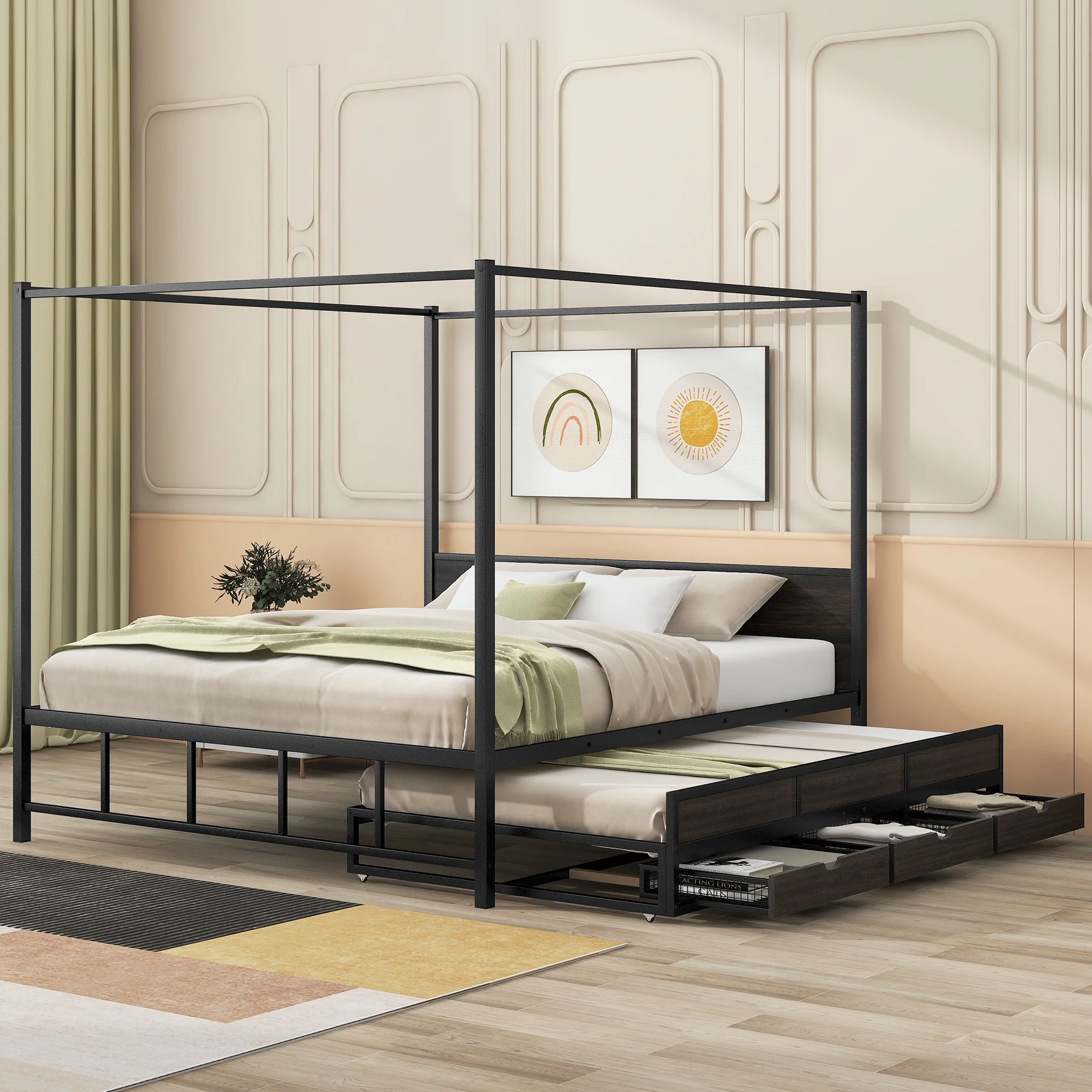 Churanty Queen Size Canopy Platform Bed with Trundle, Metal Four-Poster Canopy Bed Frame with for 3 Storage Drawers for Bedroom,Black