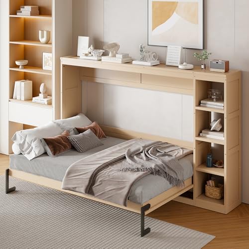 Wooden Murphy Cabinet Bed Frame with Charging Station, Full-Size Foldable Wall Bed with Large Storage Drawer for Home Apartment Limited Living Places