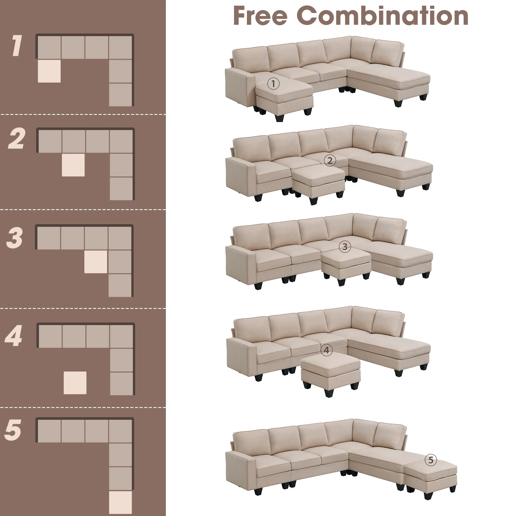Modern L Shaped Sectional Sofa, 7 Seater Linen Modular Couch with Chaise Lounge and Convertible Ottoman for Living Room Office - Radiant Selections