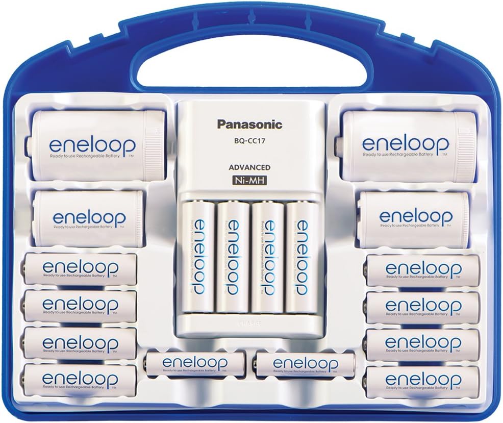 Panasonic K-KJ17MC124A eneloop Super Power Pack 12AA, 4AAA, 2 C Adapters, 2 D Adapters, “Advanced” Individual Battery Charger and Plastic Storage