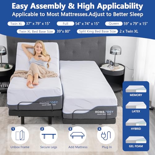 Split King Adjustable Bed Frame with Mattress, 12 Inch Grey Gel Memory Foam Medium-Firm Mattress in Box