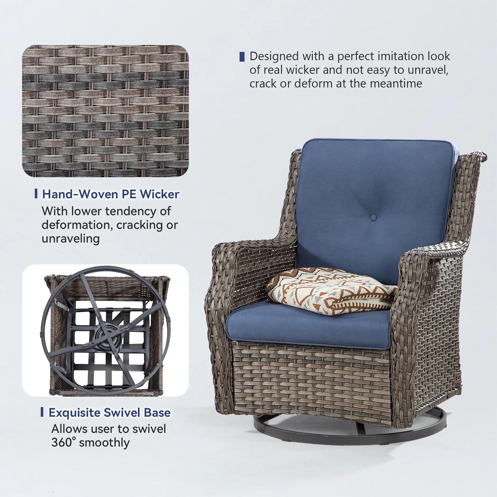 Meetleisure 1 Pieces Outdoor Patio Furniture Wicker Swivel Chair with Cushions for Backyard