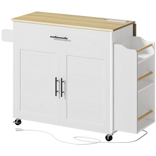 IRONCK Kitchen Island with Storage, Rolling Kitchen Island on Wheels with Drop Leaf, Charging Station, 3 Open Spice Rack, Cabinet, Drawer
