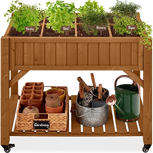 Best Choice Products Elevated 8 Pocket Herb Garden Bed, Mobile Raised Customizable Wood Planter for Herbs, Vegetables, Flowers w/Lockable Wheels