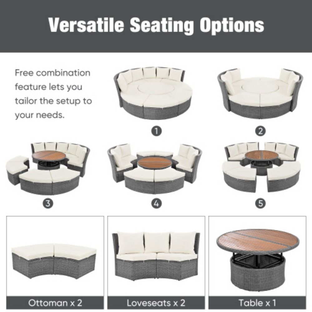TOPMAX Patio 5-Piece Round Rattan Sectional Sofa Set All-Weather PE Wicker Sunbed Daybed with Round Liftable Table and Washable Cushions for Outdoor