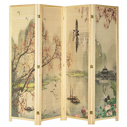 MyGift 4-Panel Folding Bamboo Room Divider Asian-Inspired Cherry Blossom Scene