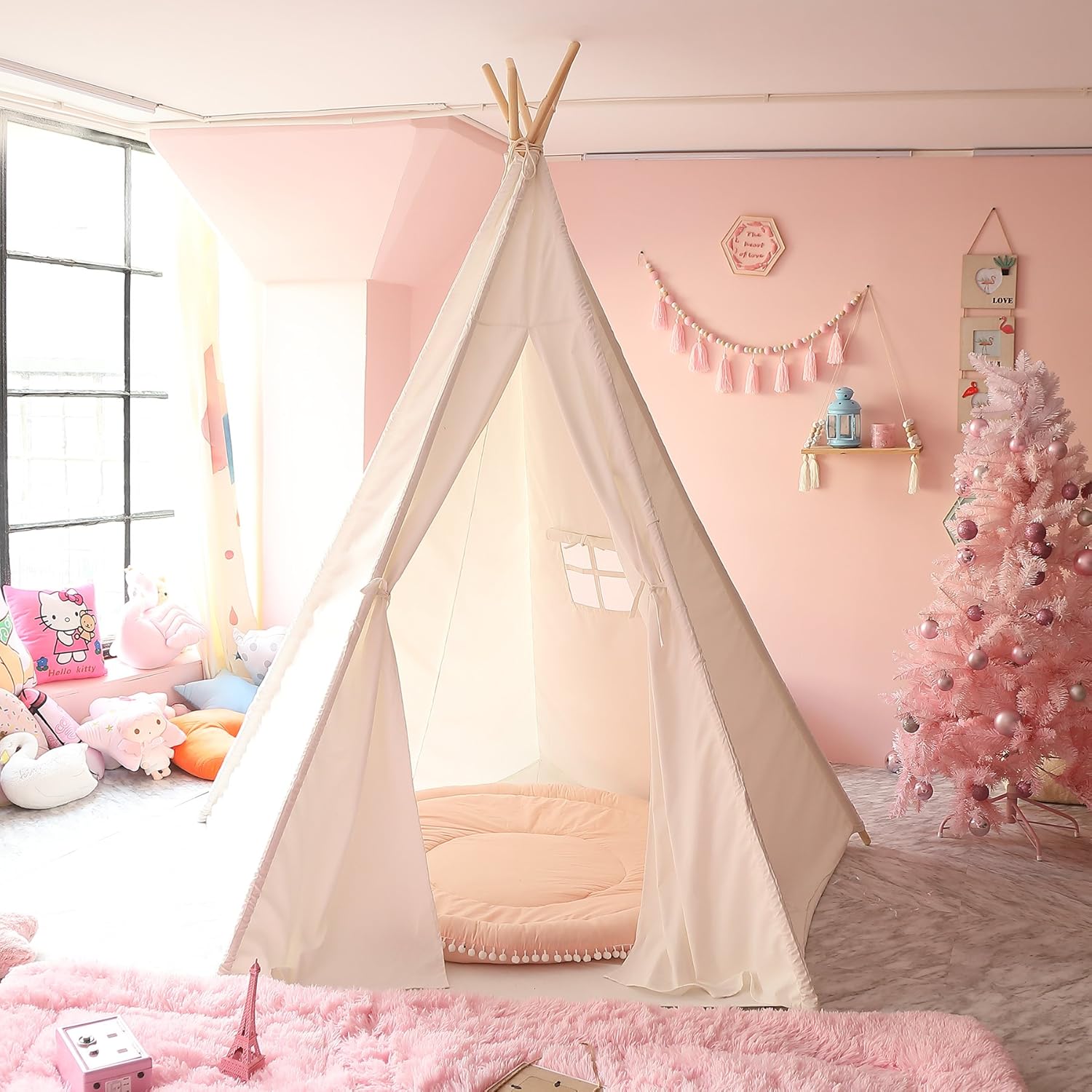 CO-Z Teepee Play Tent Foldable for Kids with Banners - Super Large, for at Least 2 Children - CPST Certificated (5 Poles - 85 Inches Height