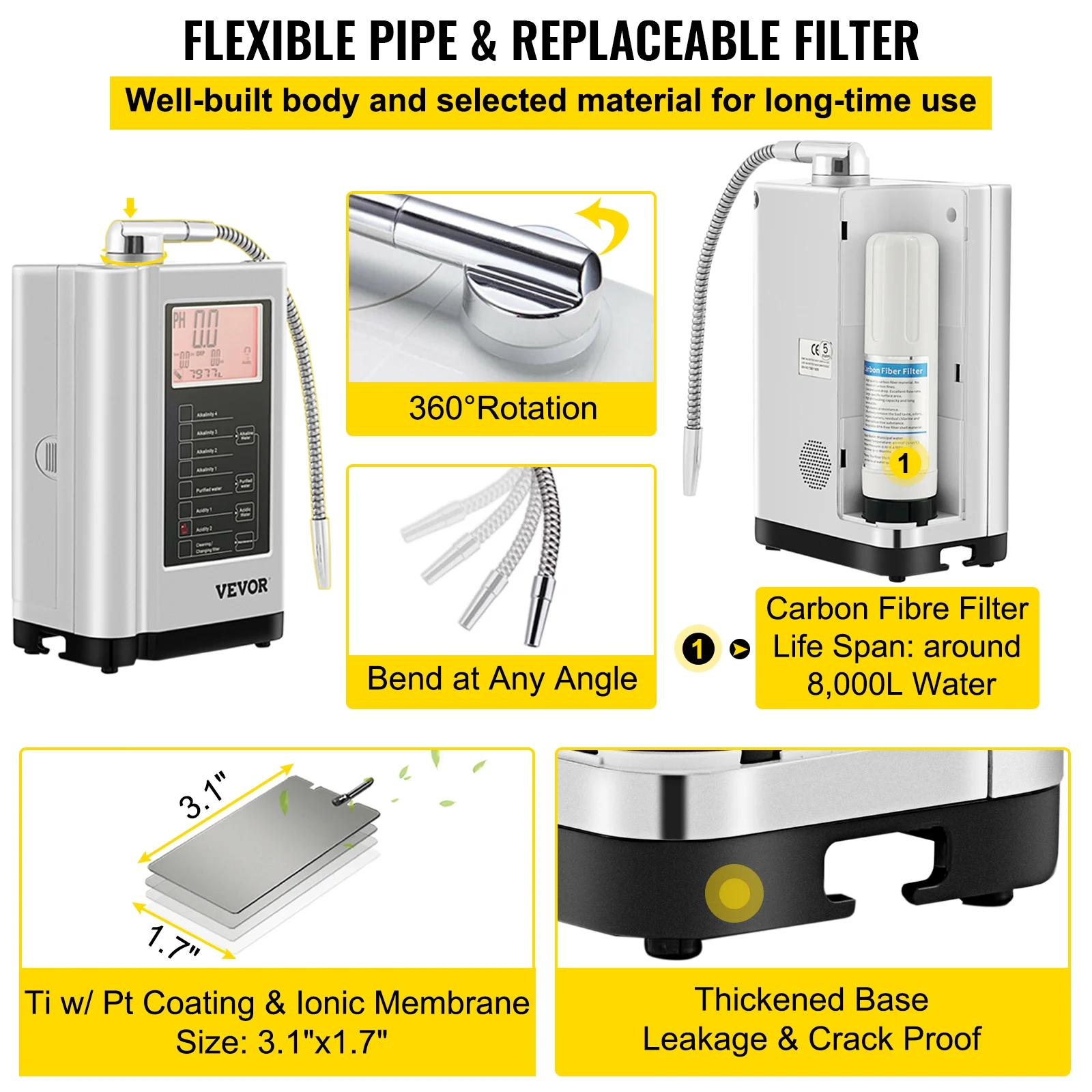 BENTISM  Water Ionizer Machine Alkaline Acid Water Purifier PH3.5-10.5 w/ 3.8" LCD Panel , 7 Water Settings, up to 1200PPM TDS & -500mV ORP
