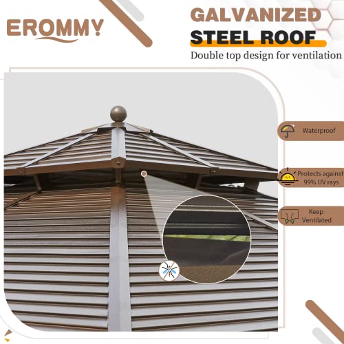 EROMMY 12'x20' Hardtop Gazebo Double Roof Galvanized Steel Canopy Outdoor Aluminum Frame Permanent Metal Pavilion with Netting and Curtains for Patio