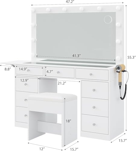 Vanity Desk with Power Outlet, 9 Drawers Makeup Vanity with Mirror and 12 LED Lights, 3 Lighting Modes, Glass Top Vanity Set, Fold-up Panel