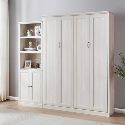 MERITLINE Queen Size Murphy Bed with Storage Bookcase Shelves,Cabinet and Charging Station,Wood Folding White Murphy Wall Bed