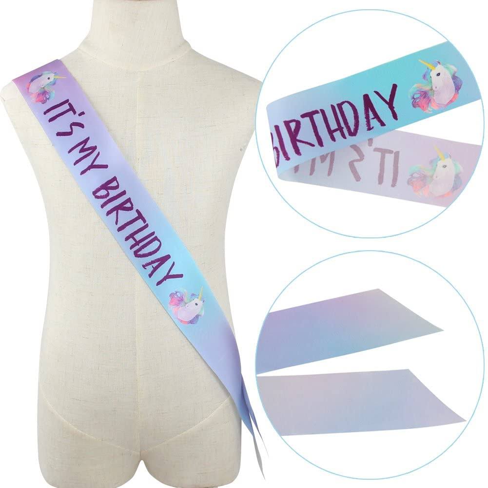Unicorn Birthday Set, Beinou Shiny Unicorn Headband and Birthday Sash Set Perfect Unicorn Theme Birthday Party Supplies, Silver