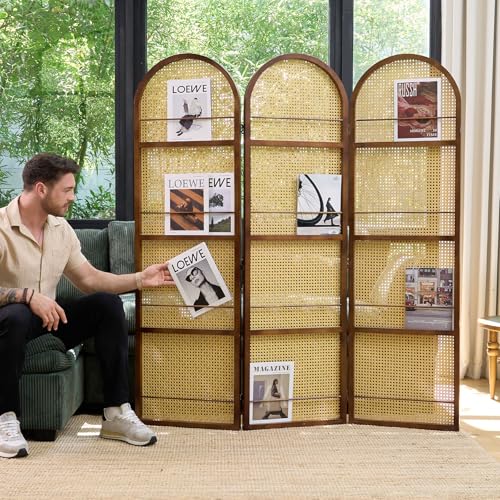 Room Divider and Folding Privacy Screens, Pine Wood 5.6 Ft Double Hinged Rattan Partition Freestanding Wall Room Divider for Home - 3 Panels