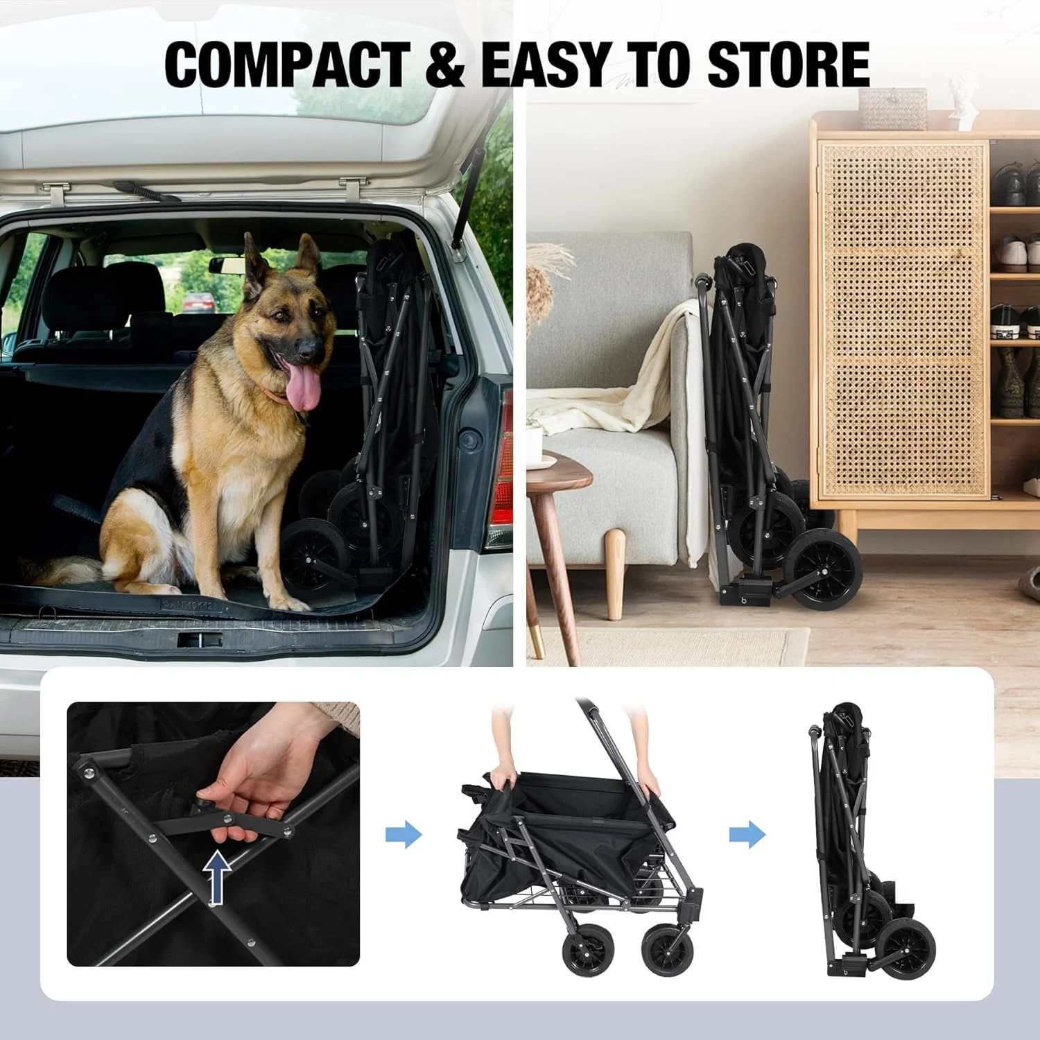 REDCAMP Folding Dog Wagon Cart with Canopy, 220L Capacity Large Collapsible Utility Cart Dog Stroller with Tailgate for Sports Shopping Pet, Black
