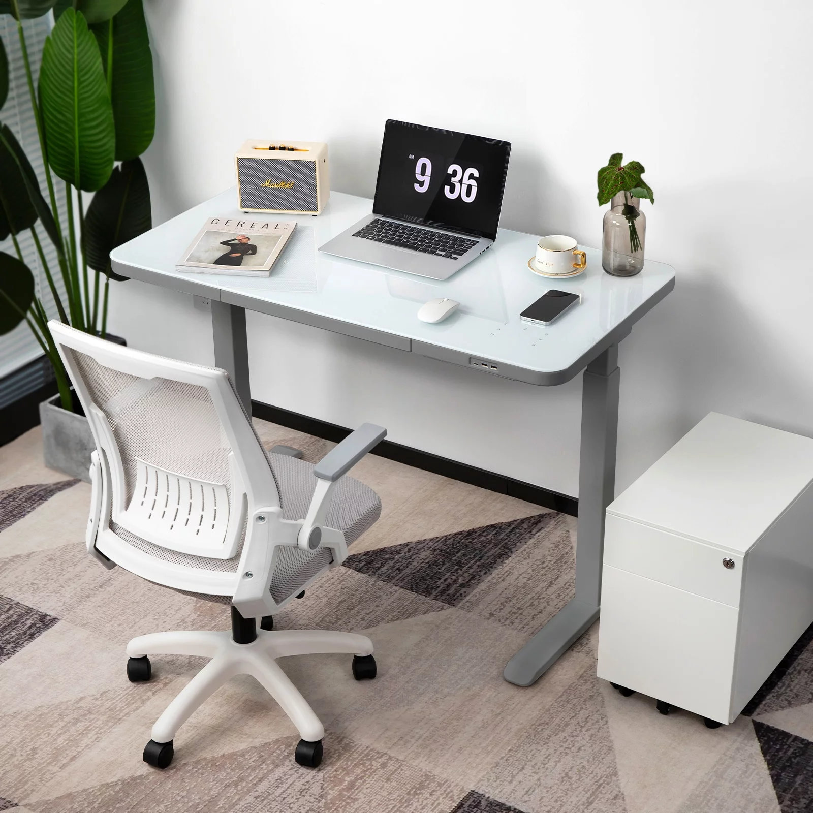 ADOFFUR 45" x 23" Dual Motor Height Adjustable Desk with Drawer,Tempered Glass Top,Wireless Charging and 3 USB Ports for Home Office - Gray