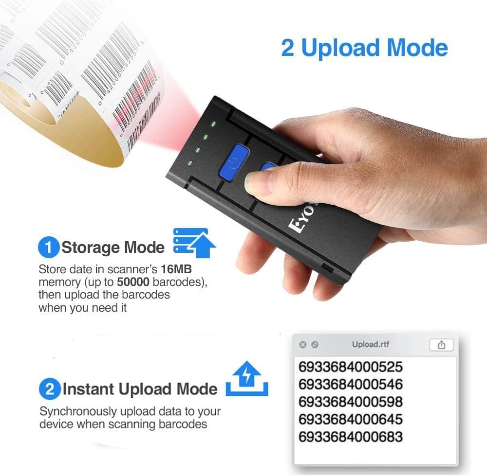 Eyoyo Barcode Scanner Portable 1D Wireless Bluetooth Barcode Reader Compatible with Windows Android iOS Systems for Store Supermarket Warehouse