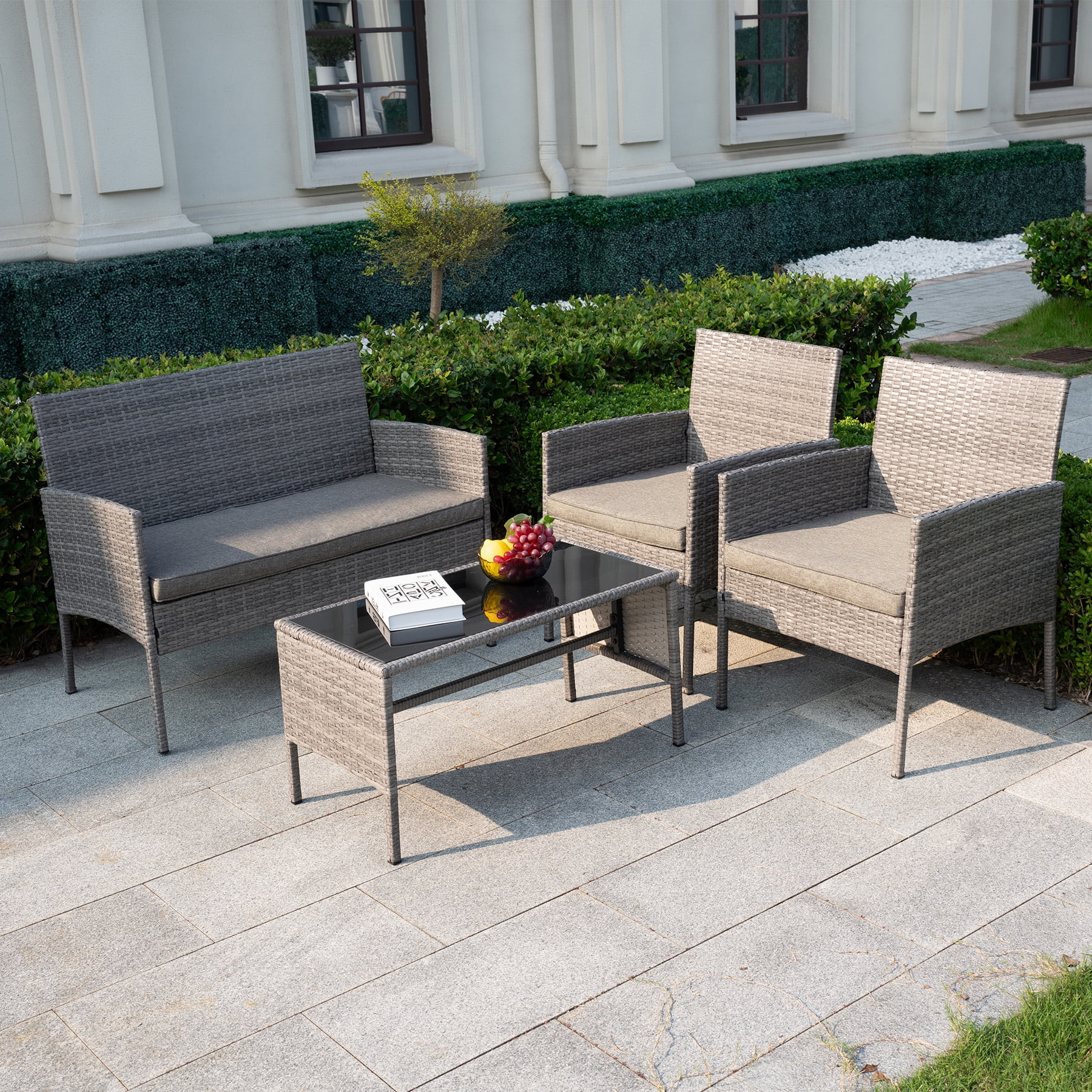 Tappio 4 Piece Patio Conversation Wicker Furniture Set, Outdoor Patio Sectional Furniture Set w/Glass-Top Coffee Table & Gray Cushions