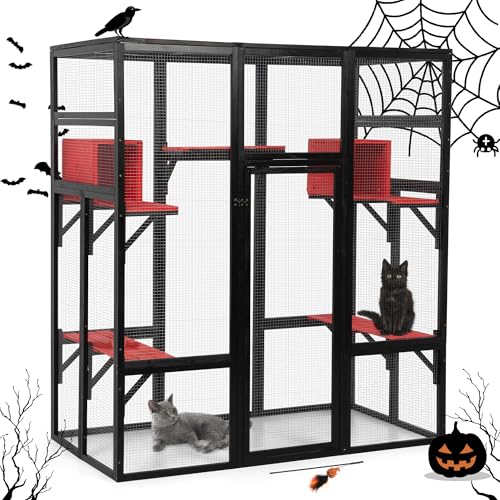 COZIWOW 70Inches Large Stable Spacious Wooden Catio Outdoor Cat Enclosure with Perches and Condos, Cat Cage Indoor with Waterproof Roof