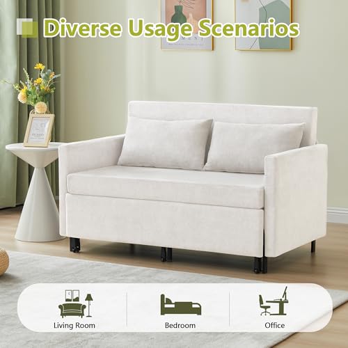 3-in-1 Sleeper Sofa Bed, 51'' Convertible Folding Couch with Pullout Bed, Chenille Futon Sleeper Sofa with Side Table and 2 Pillows