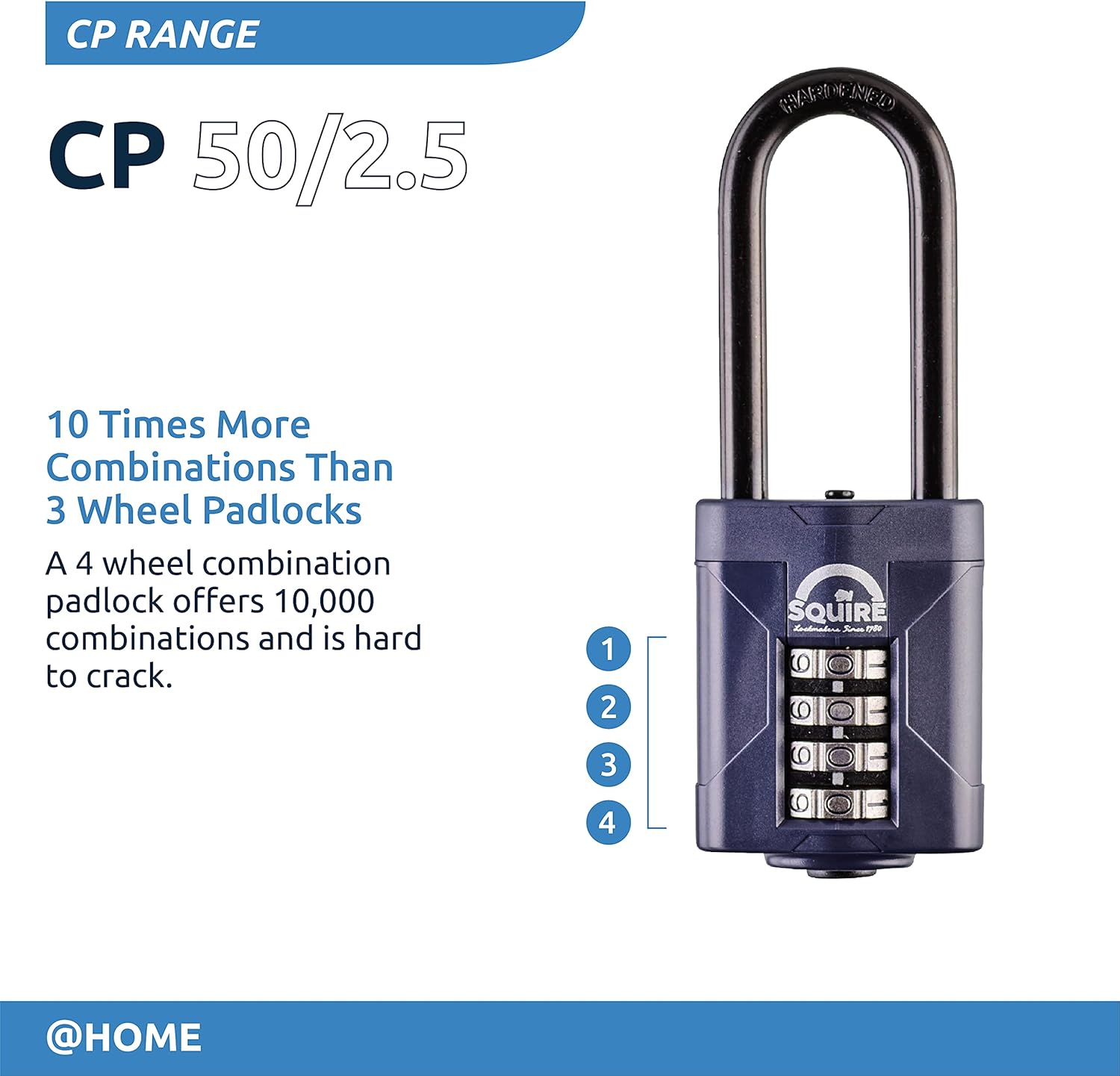 Squire Heavy Duty Padlock (CP50/2.5) - Toughest Extra Long Shackle - 4 Wheel Combination Padlock - Alloy Steel for Corrosion Resistance